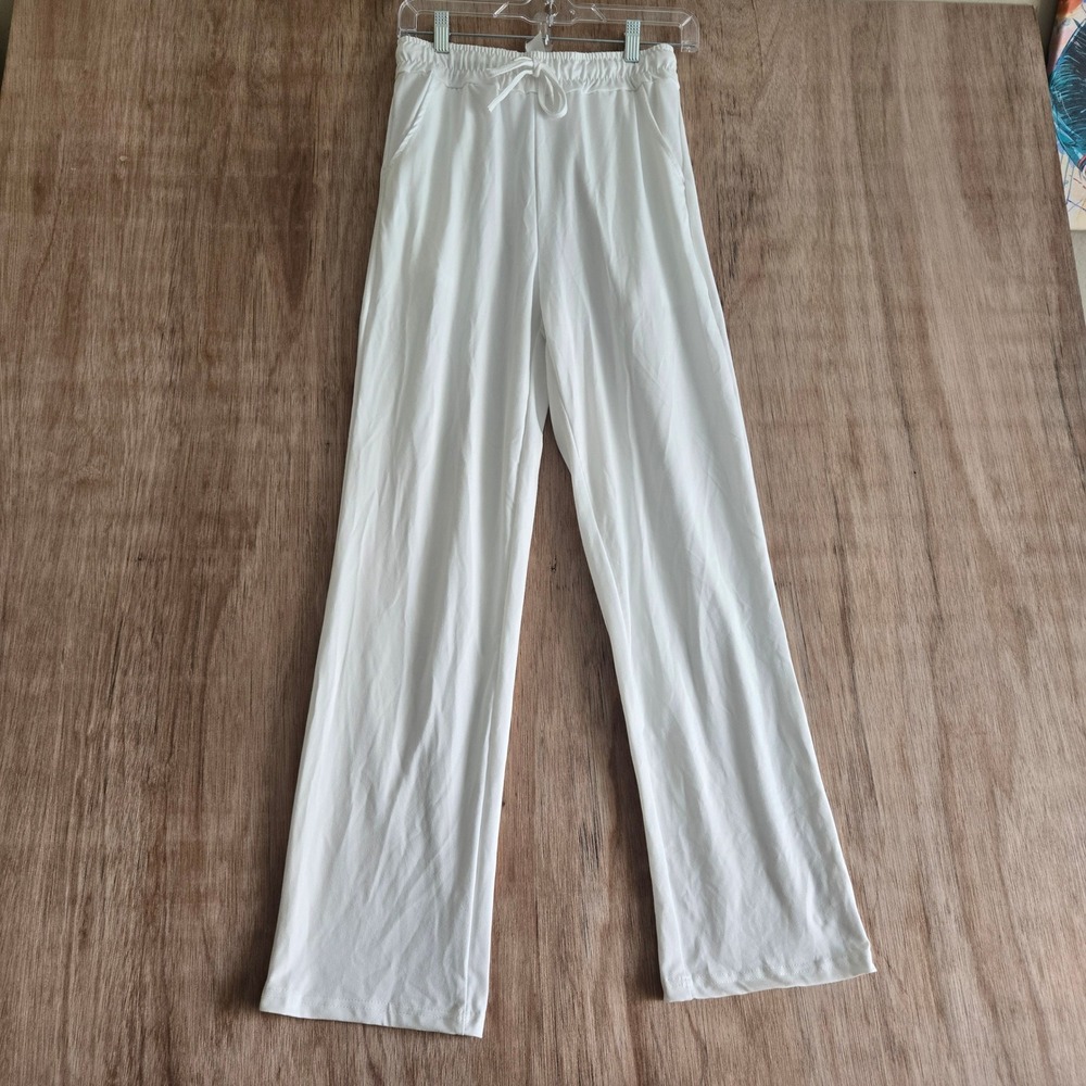White Wide Leg Lounge Pants Small High Waist Drawstring Pockets Casual